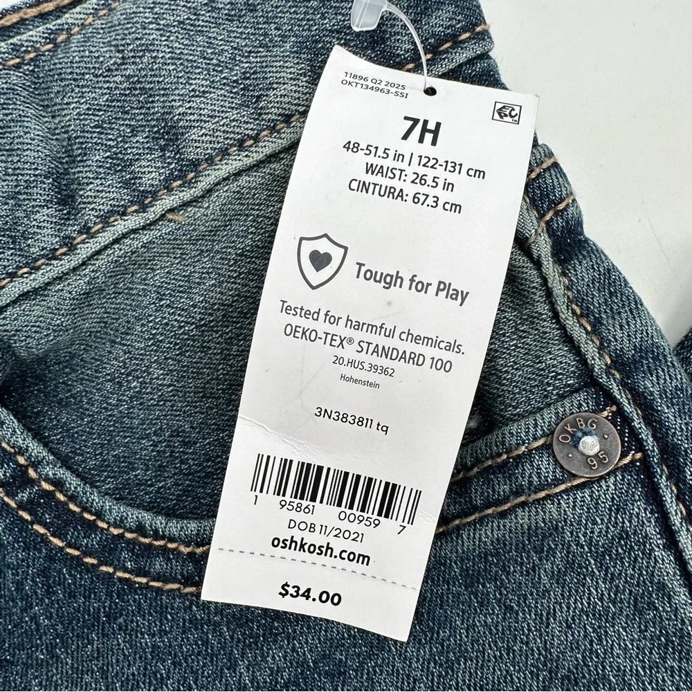 Oshkosh B'gosh Jeans Boys 7H Straight Husky Fit Blue Denim Adjust Waist NEW